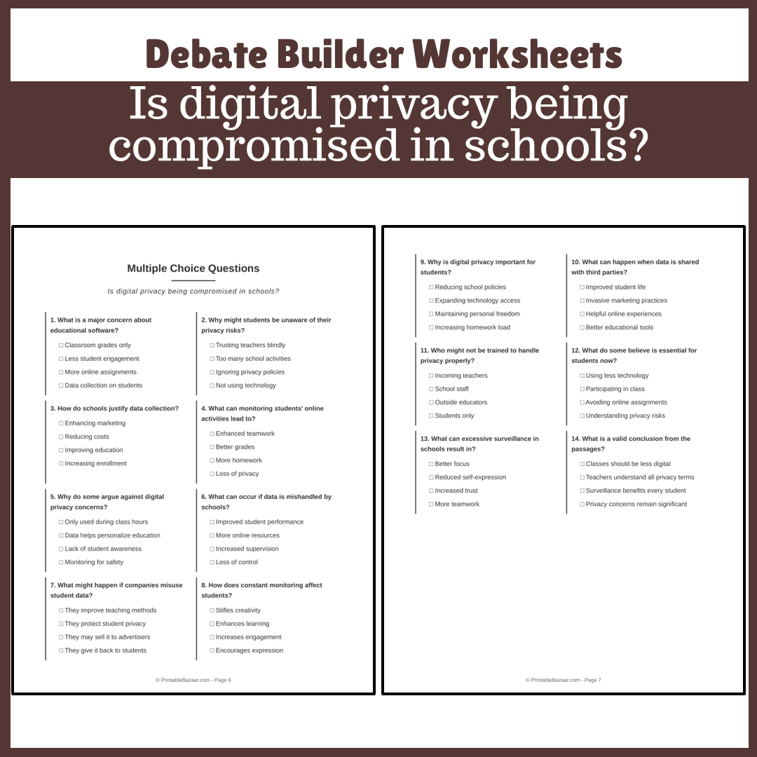 Is digital privacy being compromised in schools? | Favour and Against Worksheet Printable Activity