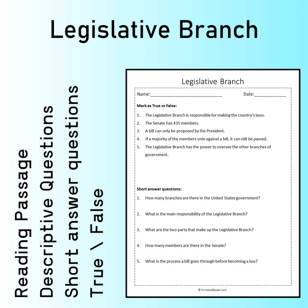Legislative Branch | Reading Comprehension Passage Printable Worksheet