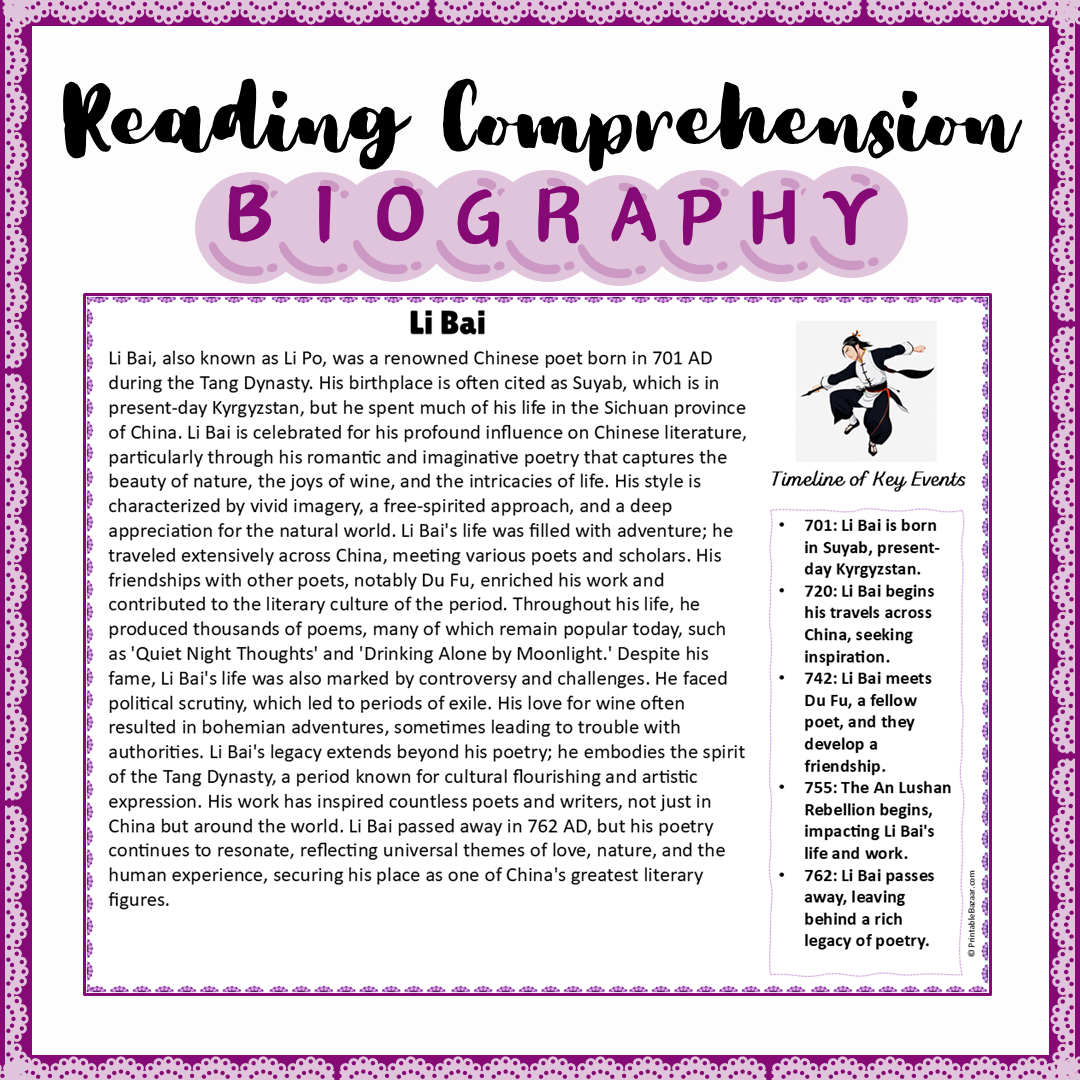 Li Bai | Biography Reading Comprehension and Questions Worksheet