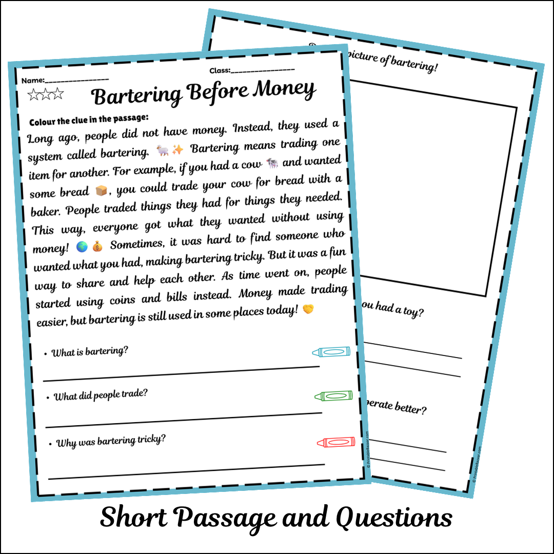 Bartering Before Money | Short Reading Comprehension Creative Worksheet