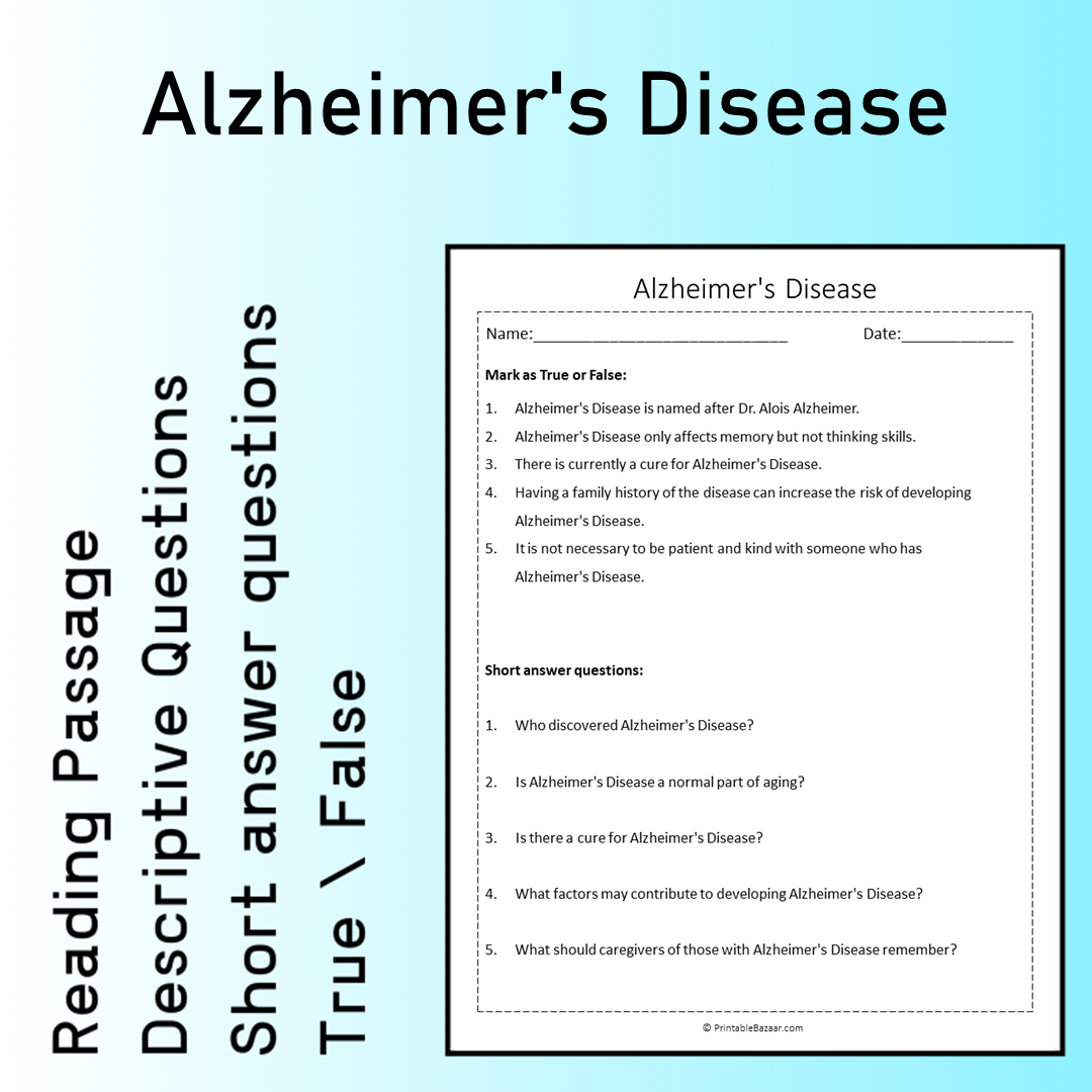 Alzheimer's Disease | Reading Comprehension Passage Printable Worksheet