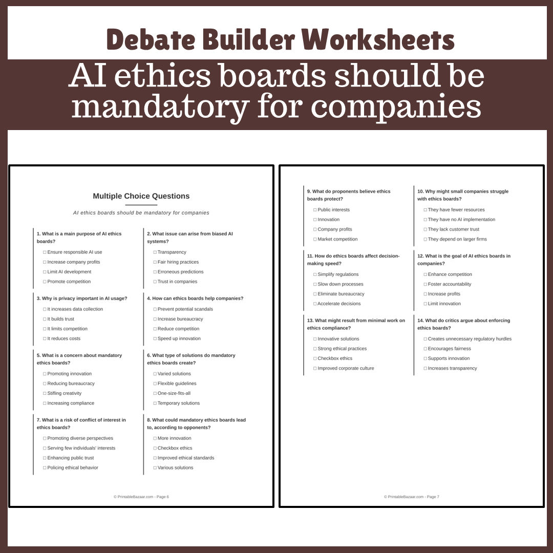 AI ethics boards should be mandatory for companies | Favour and Against Worksheet Printable Activity