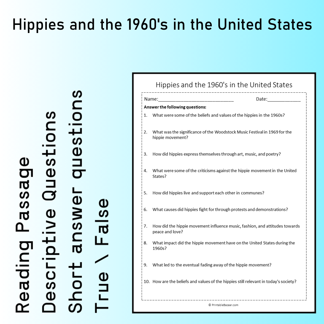 Hippies and the 1960's in the United States | Reading Comprehension Passage Printable Worksheet