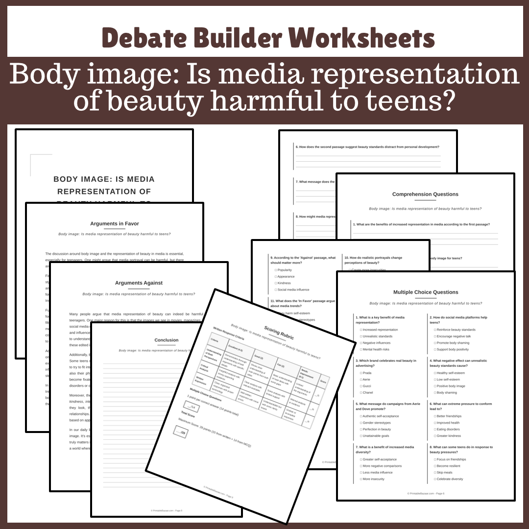 Body image: Is media representation of beauty harmful to teens? | Favour and Against Worksheet Printable Activity
