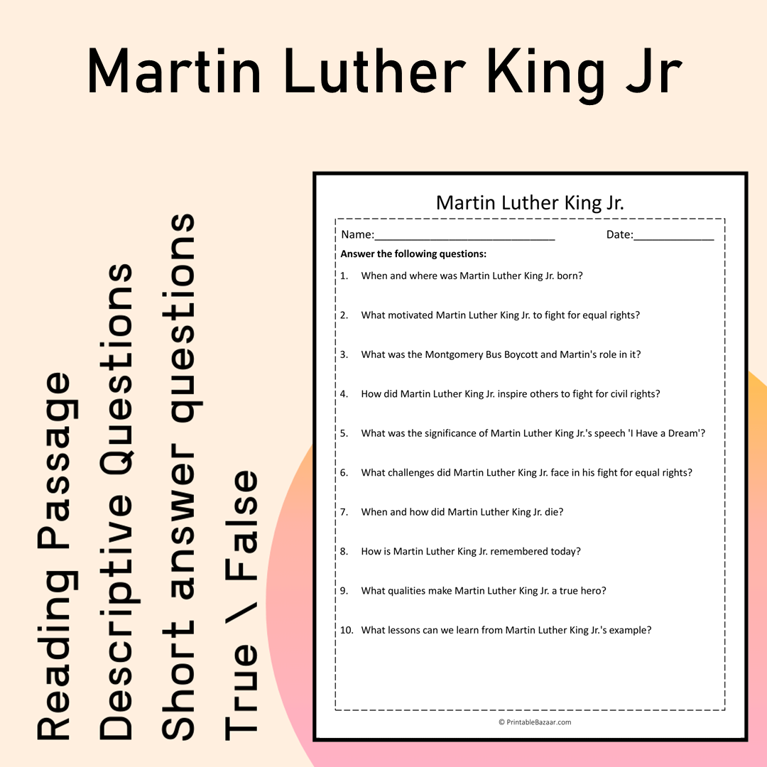 Martin Luther King Jr | Reading Comprehension Passage Printable Activity