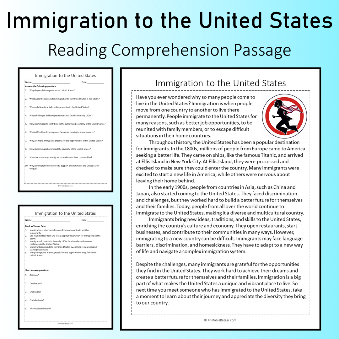 Immigration to the United States | Reading Comprehension Passage Printable Worksheet