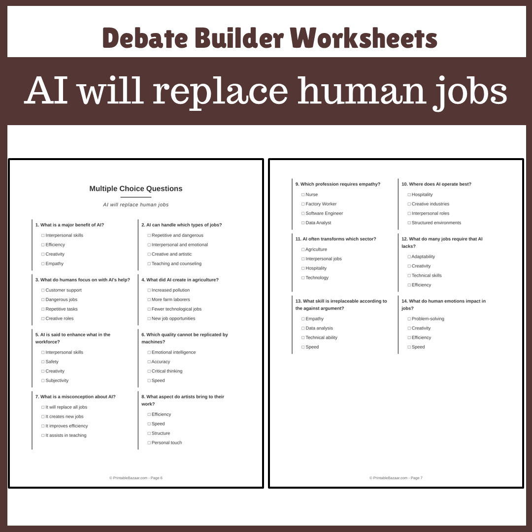 AI will replace human jobs | Favour and Against Worksheet Printable Activity