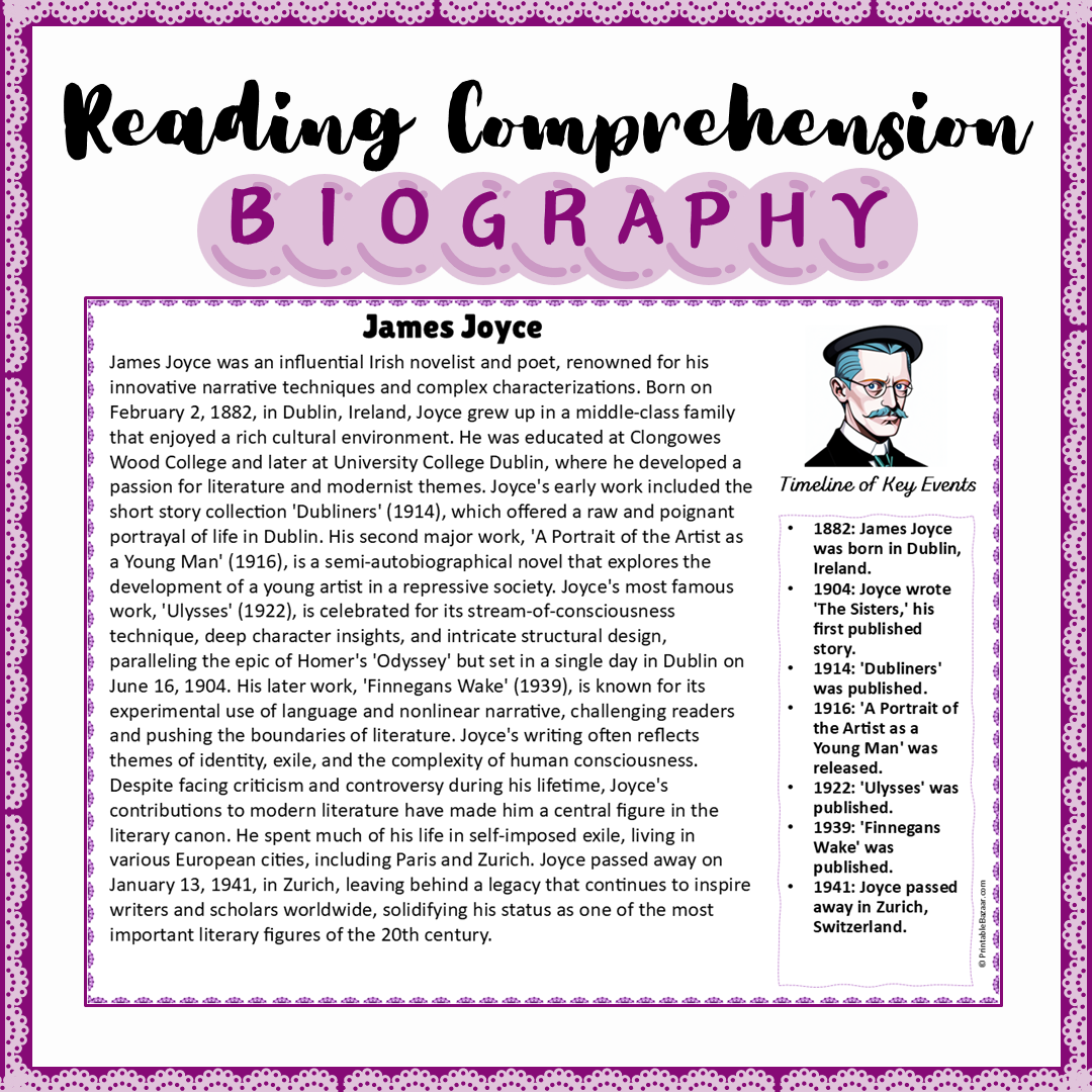 James Joyce | Biography Reading Comprehension and Questions Worksheet