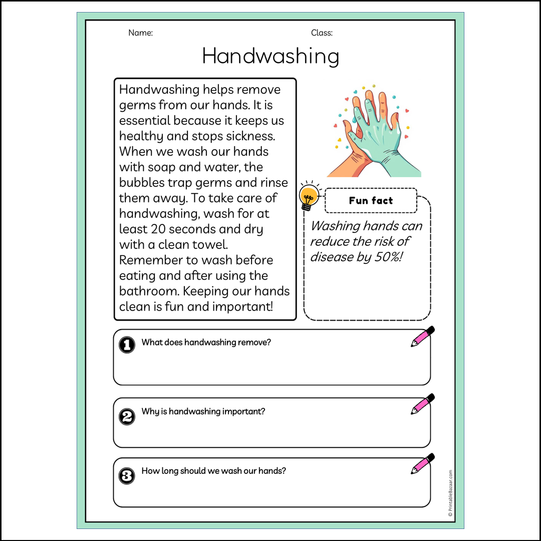 Handwashing | Reading Passage Comprehension Questions Writing Facts Worksheet