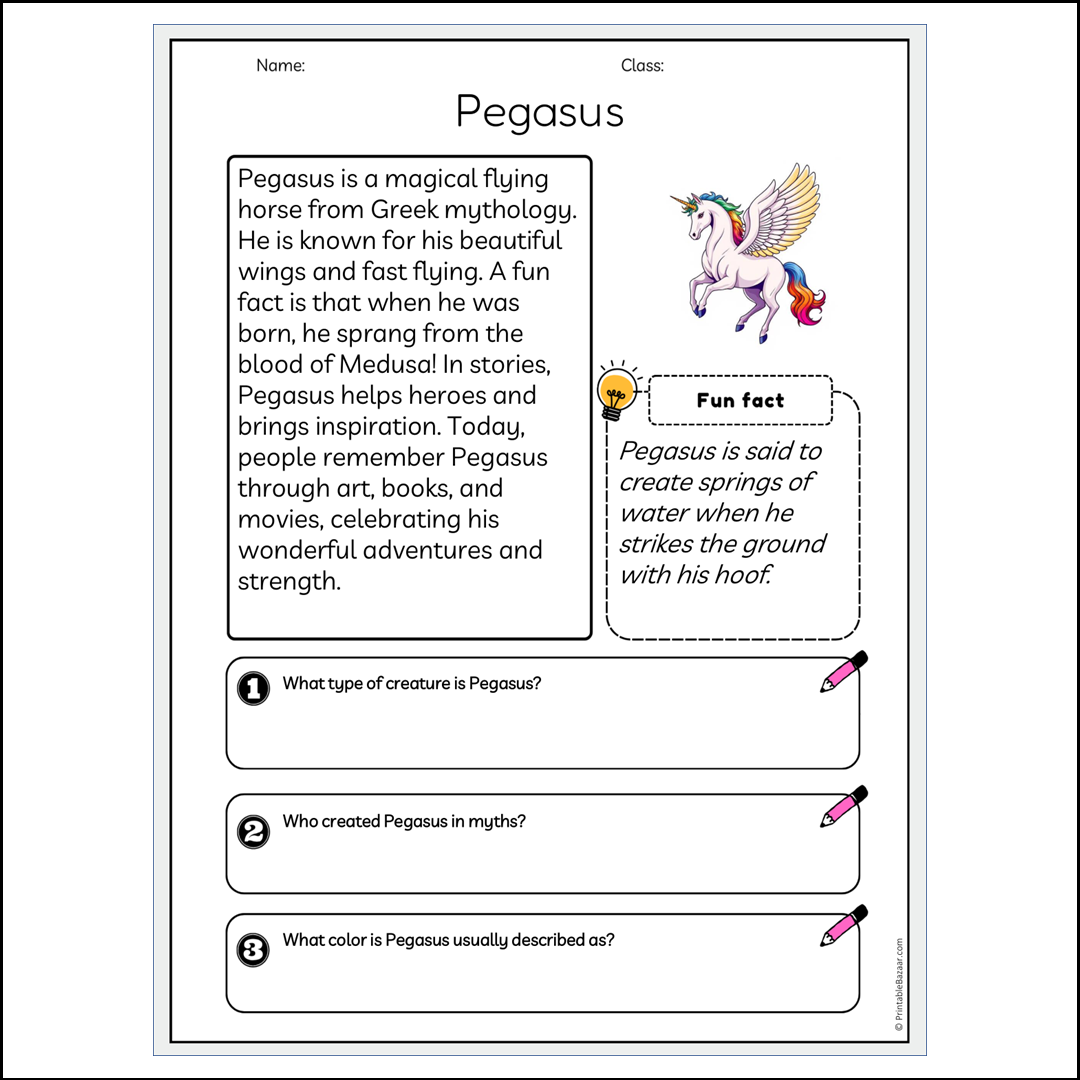 Pegasus | Reading Passage Comprehension Questions Writing Facts Worksheet