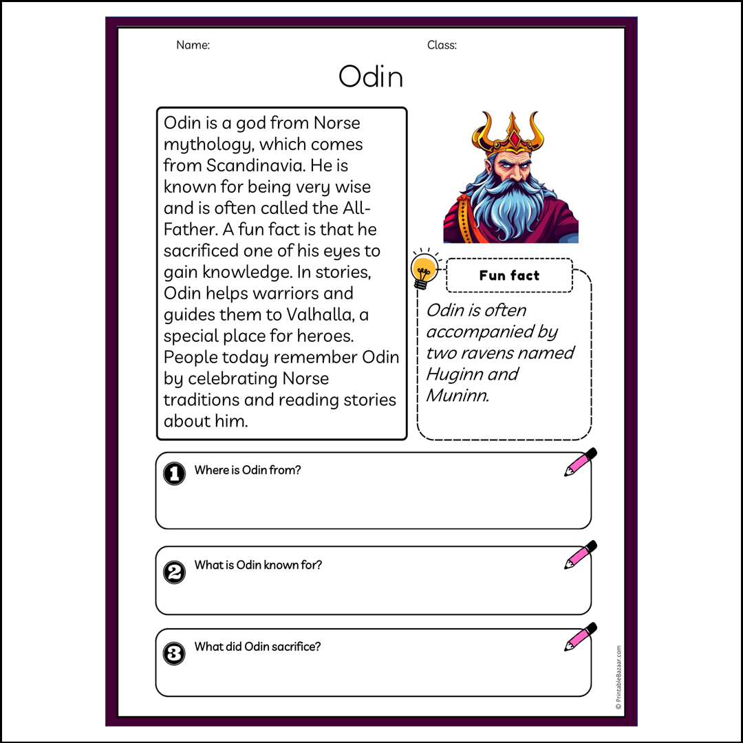 Odin | Reading Passage Comprehension Questions Writing Facts Worksheet