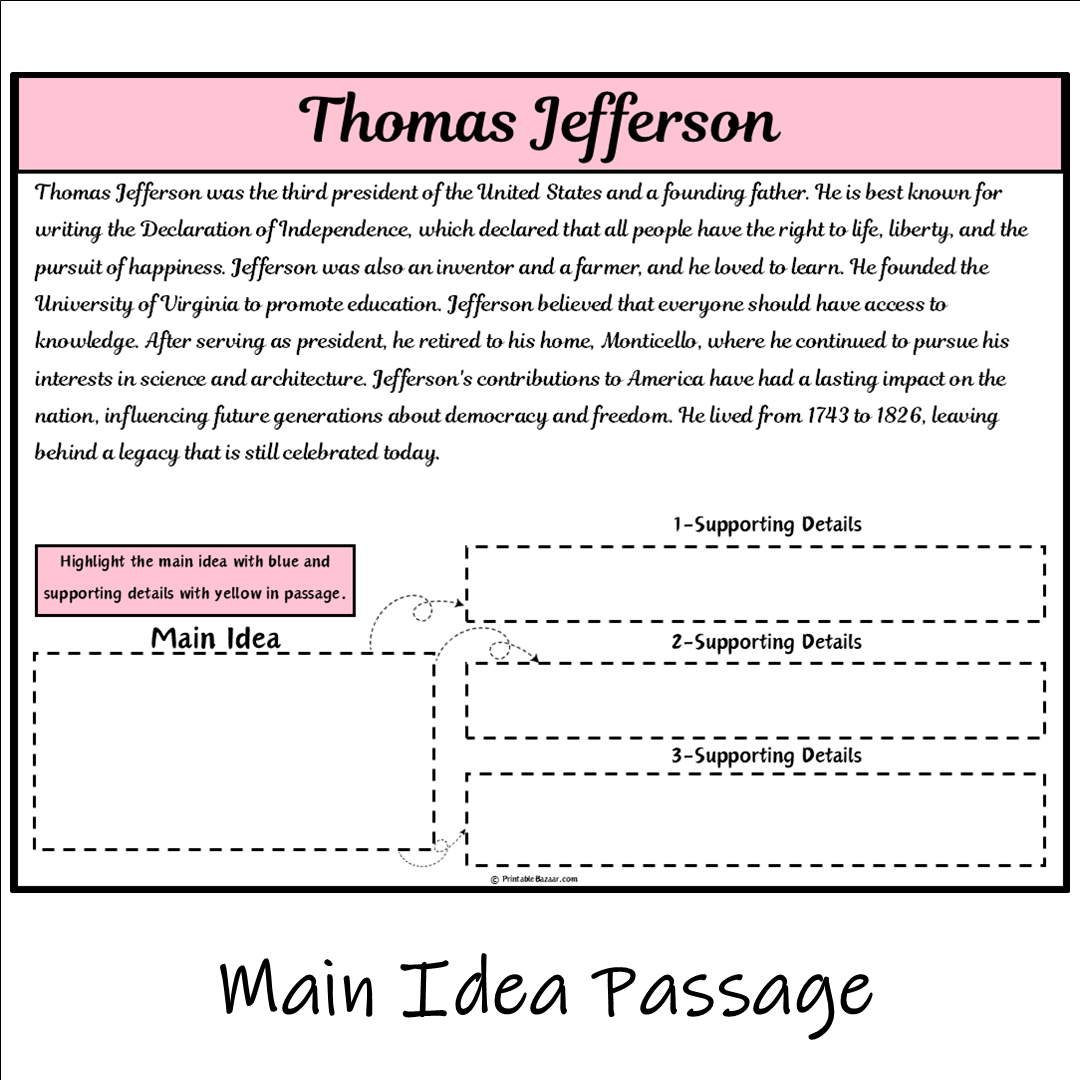 Thomas Jefferson | Main Idea and Supporting Details Reading Passage and Questions