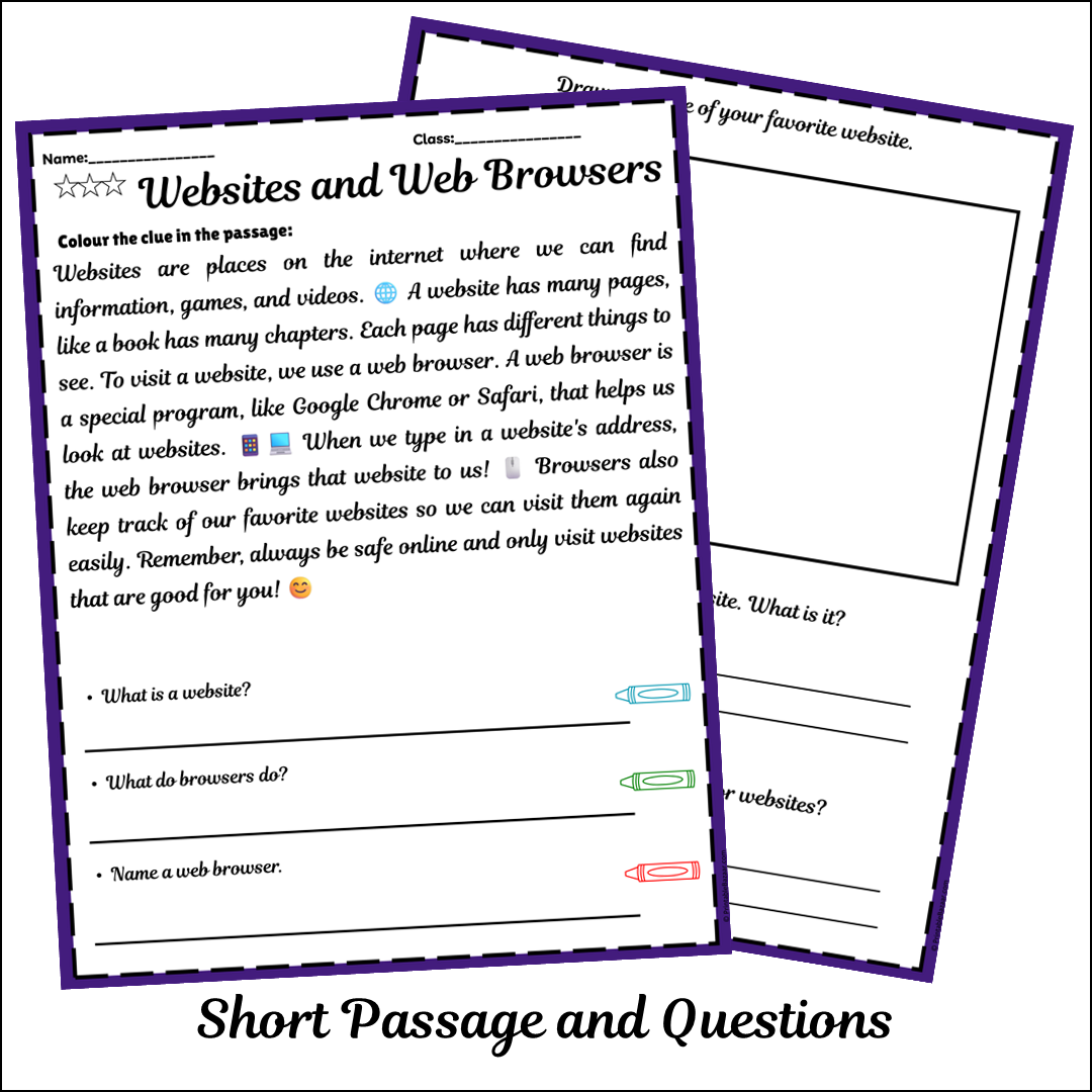 Websites and Web Browsers | Short Reading Comprehension Creative Worksheet