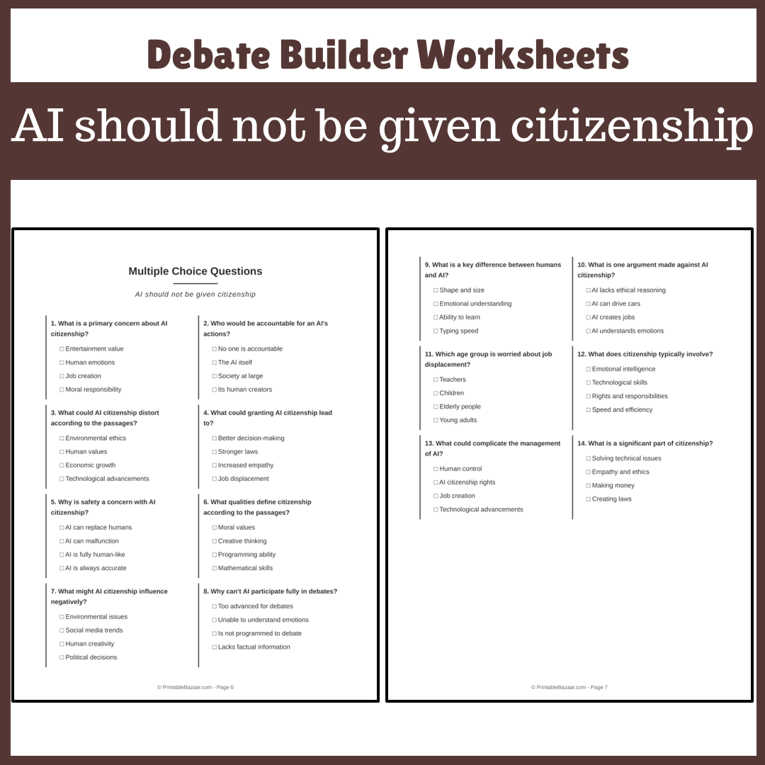 AI should not be given citizenship | Favour and Against Worksheet Printable Activity
