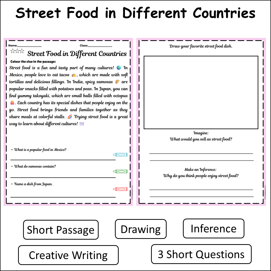 Street Food in Different Countries | Short Reading Comprehension Creative Worksheet