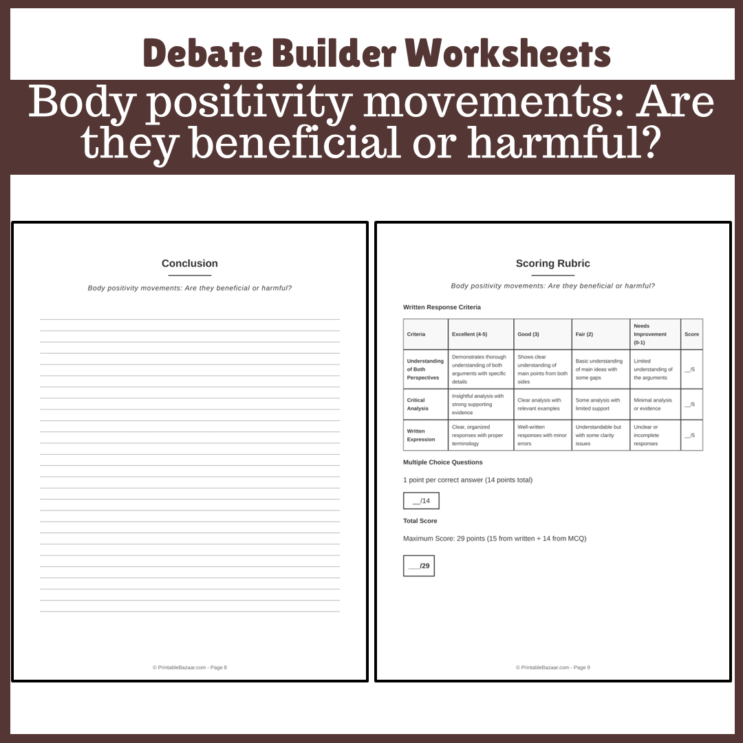 Body positivity movements: Are they beneficial or harmful? | Favour and Against Worksheet Printable Activity