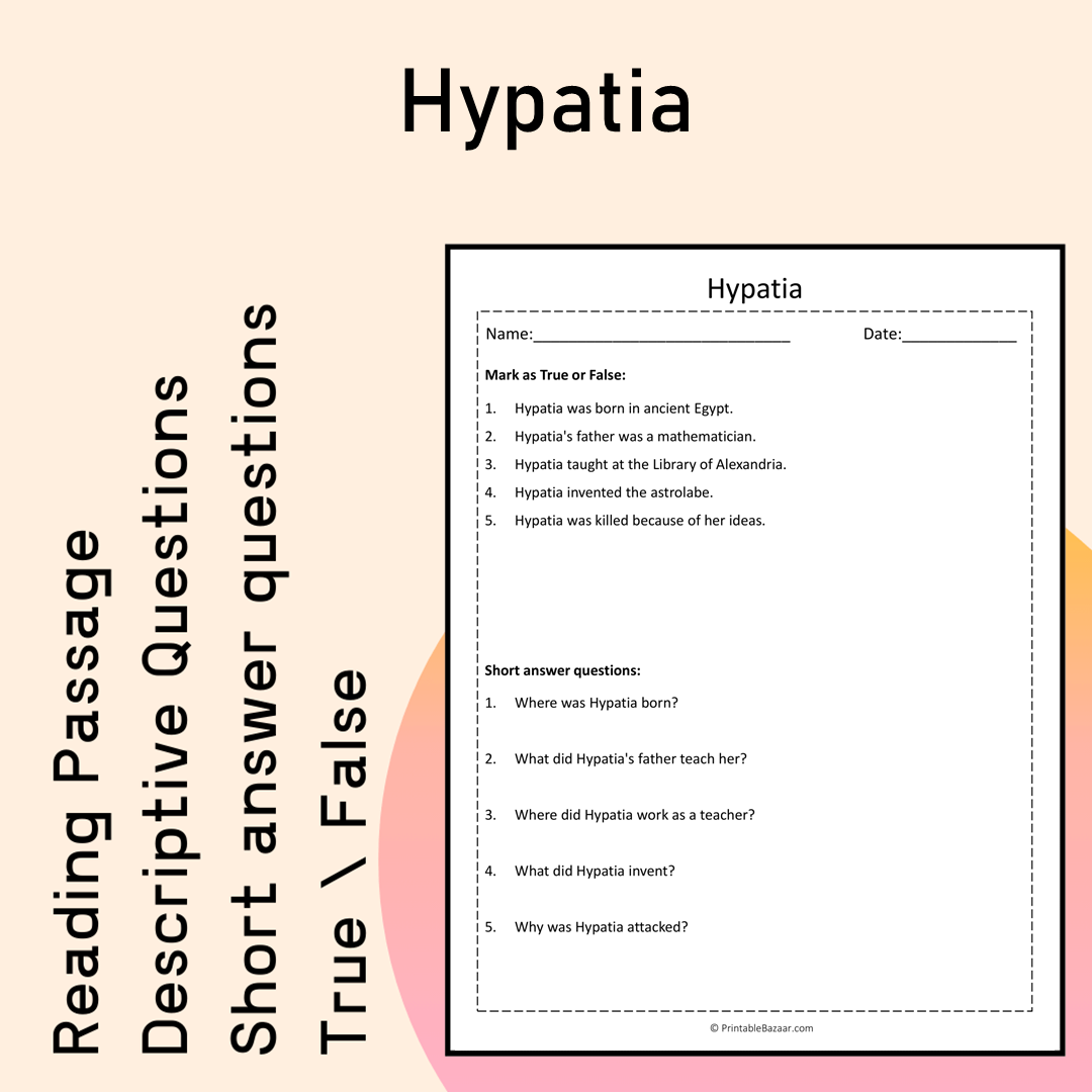 Hypatia | Reading Comprehension Passage Printable Activity