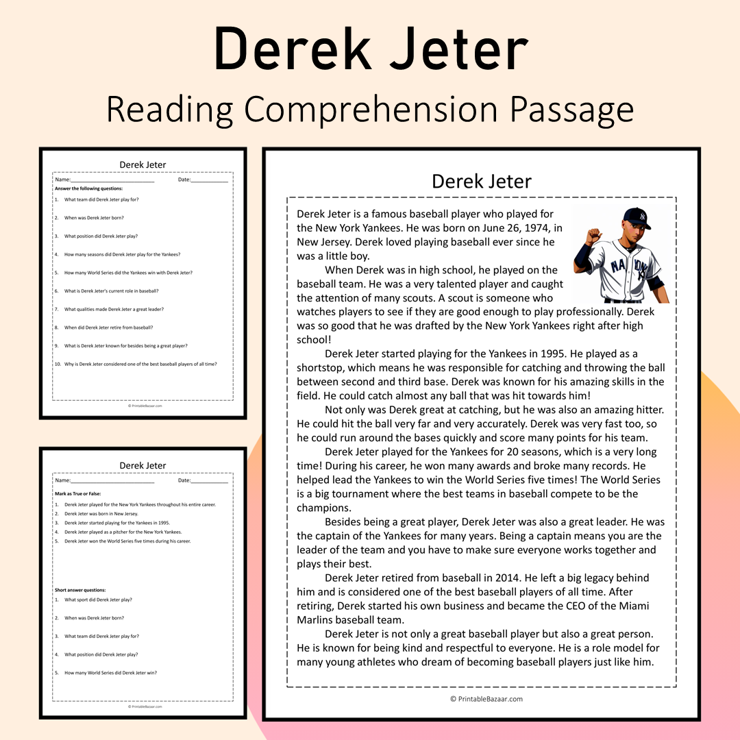 Derek Jeter | Reading Comprehension Passage Printable Activity