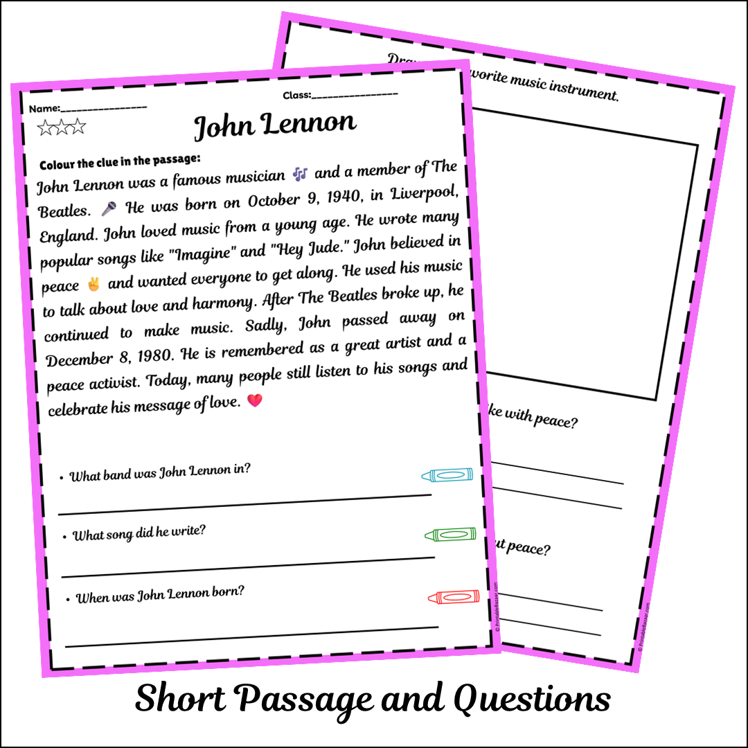 John Lennon | Short Reading Comprehension Creative Worksheet