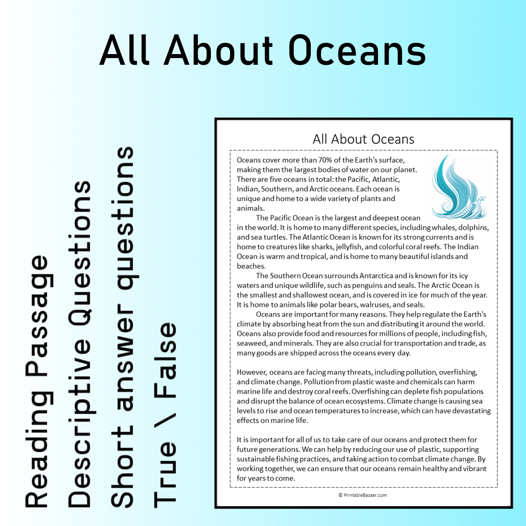 All About Oceans | Reading Comprehension Passage Printable Worksheet