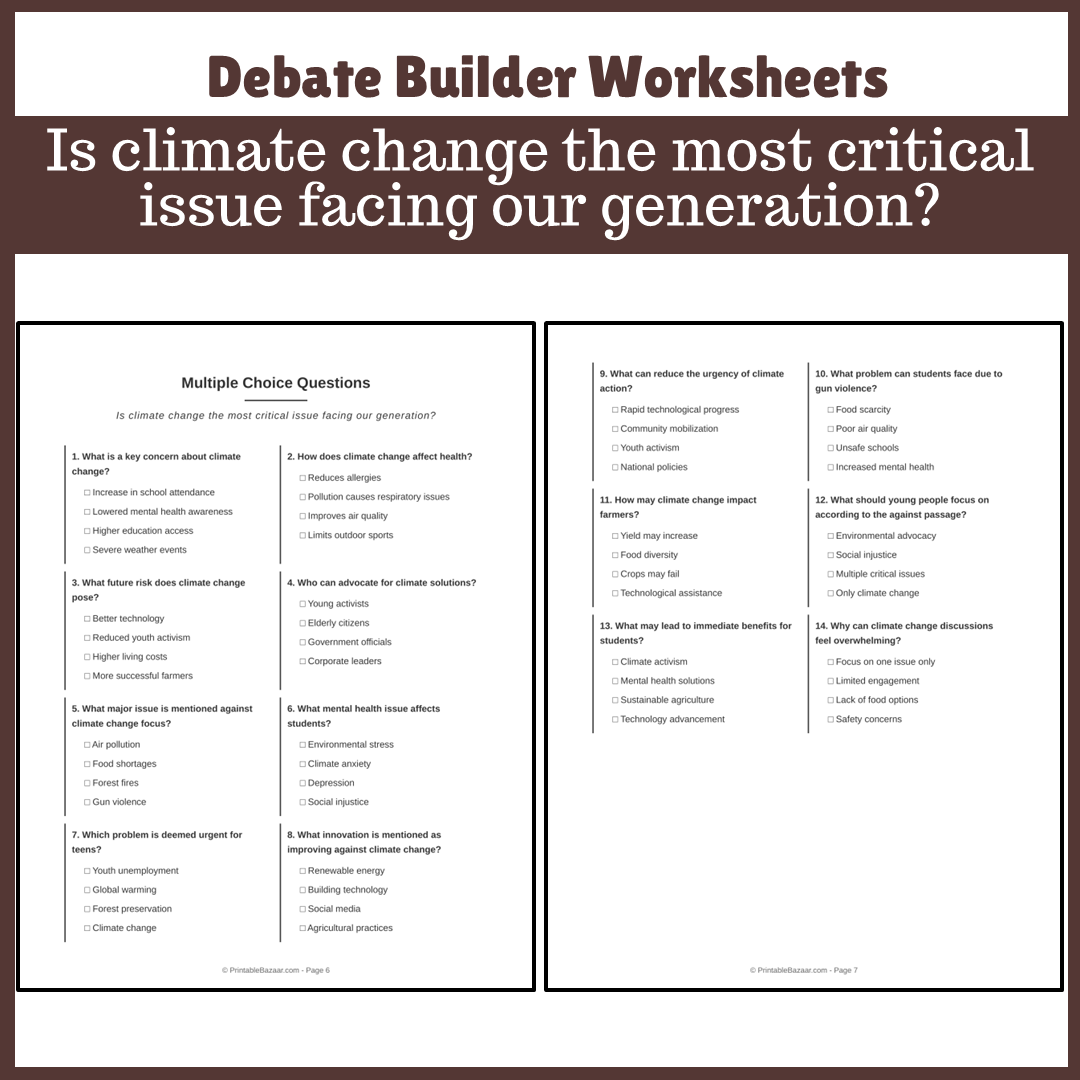 Is climate change the most critical issue facing our generation? | Favour and Against Worksheet Printable Activity