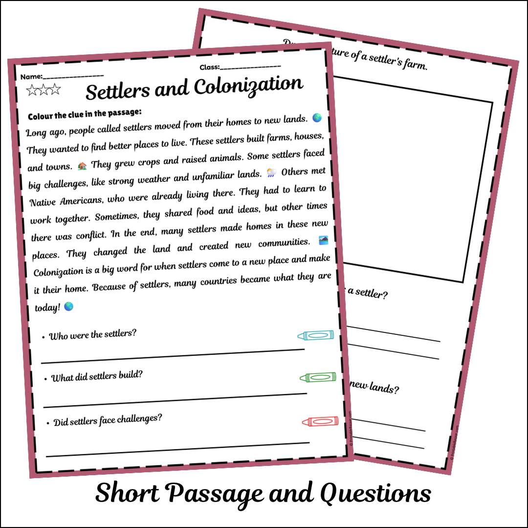 Settlers and Colonization | Short Reading Comprehension Creative Worksheet