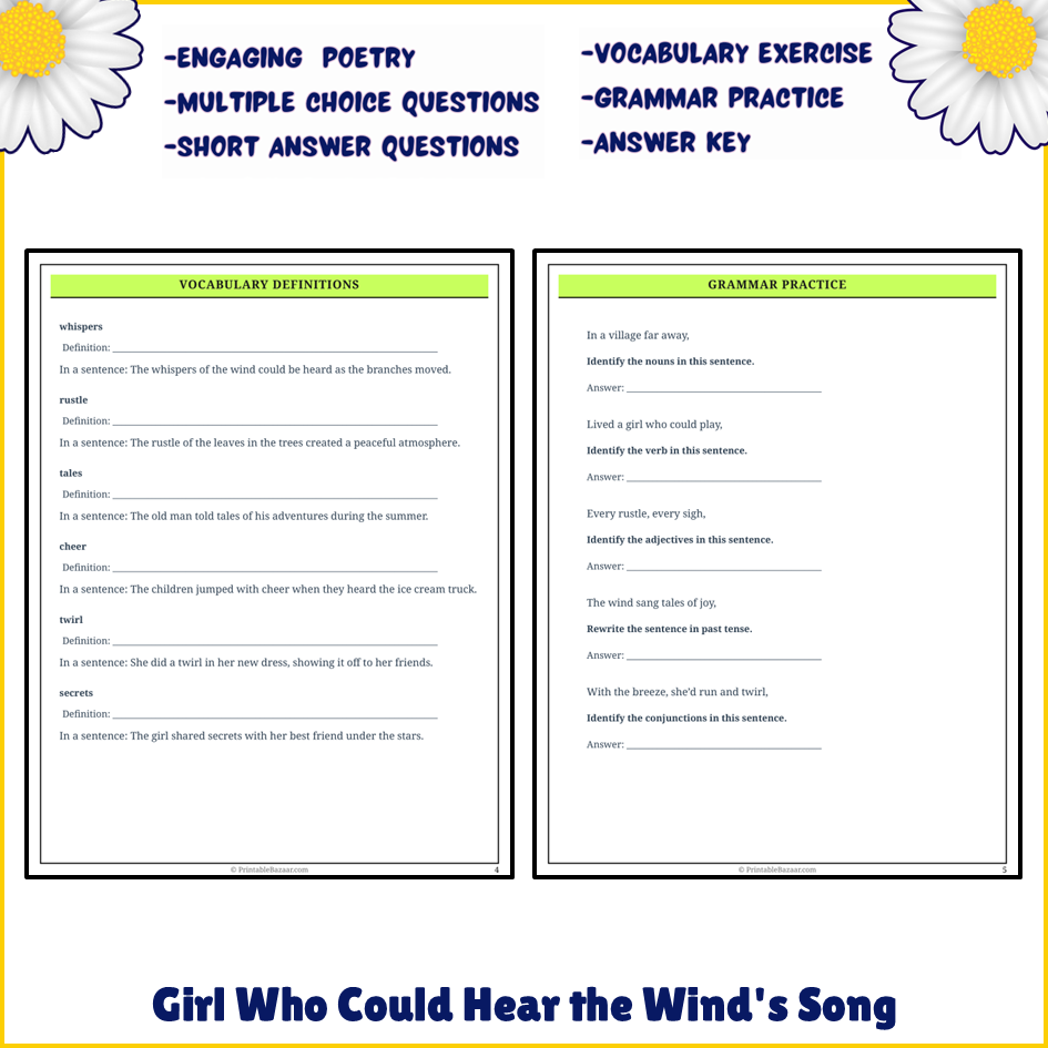 Girl Who Could Hear the Wind's Song | Poem Grammar Worksheet Printable Activity