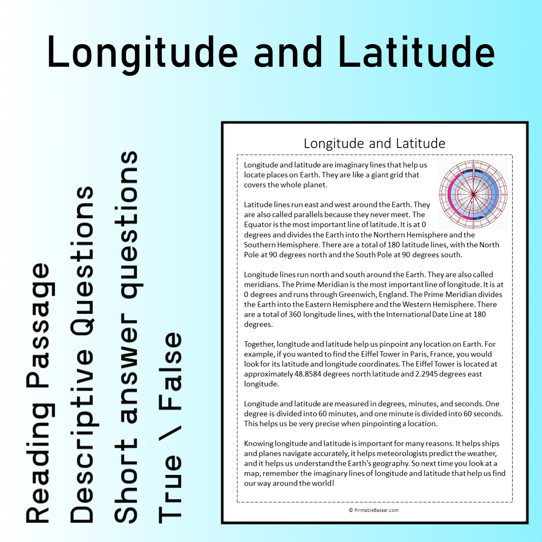 Longitude and Latitude | Reading Comprehension Passage Printable Worksheet