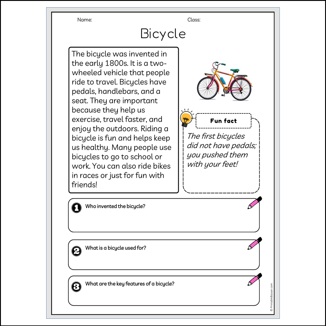 Bicycle | Reading Passage Comprehension Questions Writing Facts Worksheet