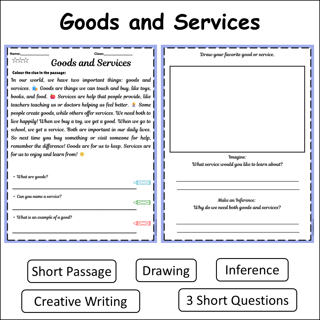 Goods and Services | Short Reading Comprehension Creative Worksheet