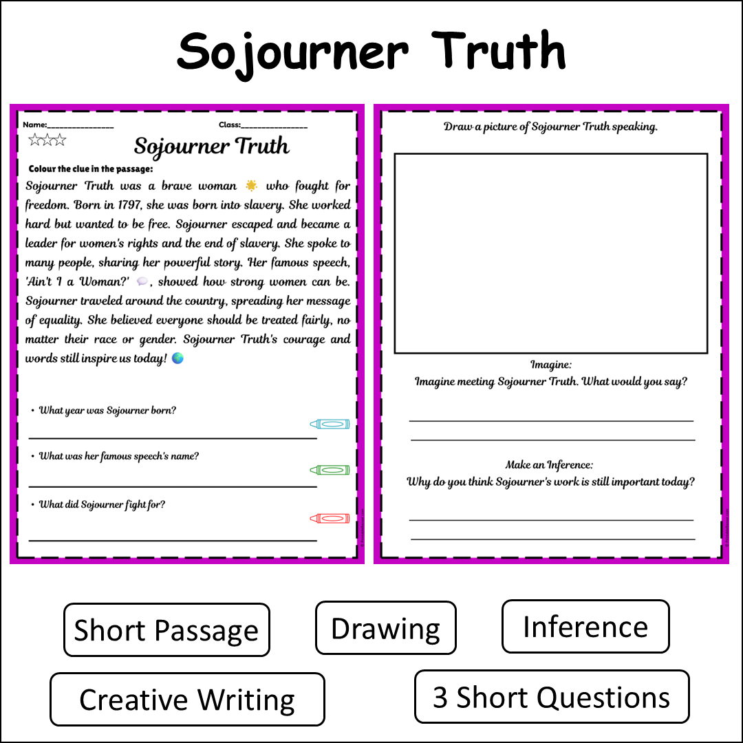 Sojourner Truth | Short Reading Comprehension Creative Worksheet