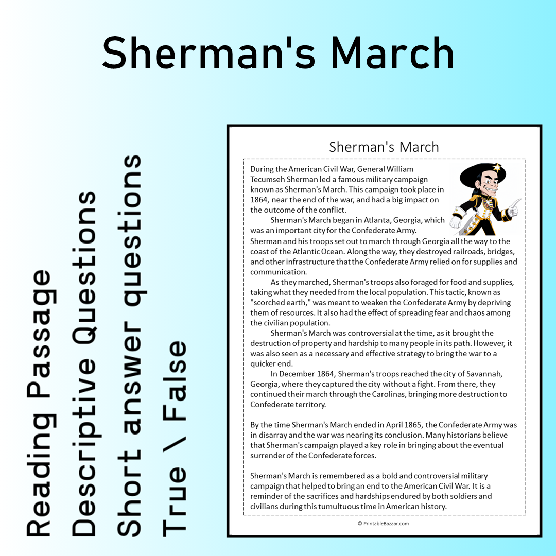 Sherman's March | Reading Comprehension Passage Printable Worksheet
