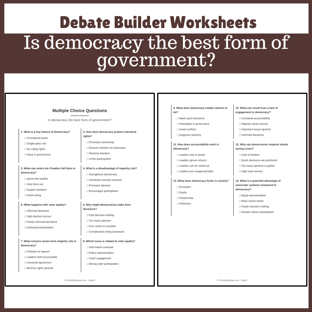 Is democracy the best form of government? | Favour and Against Worksheet Printable Activity