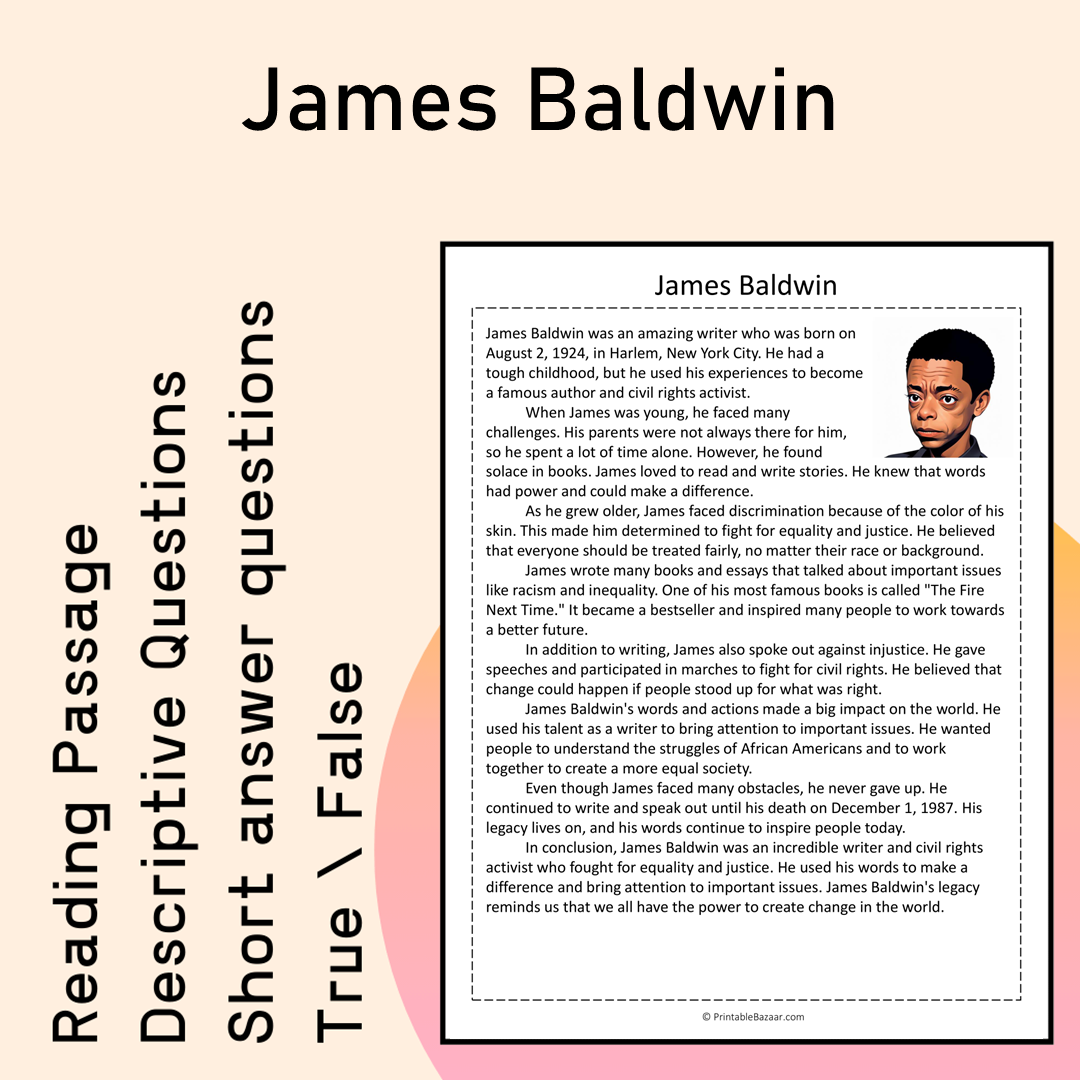 James Baldwin | Reading Comprehension Passage Printable Activity