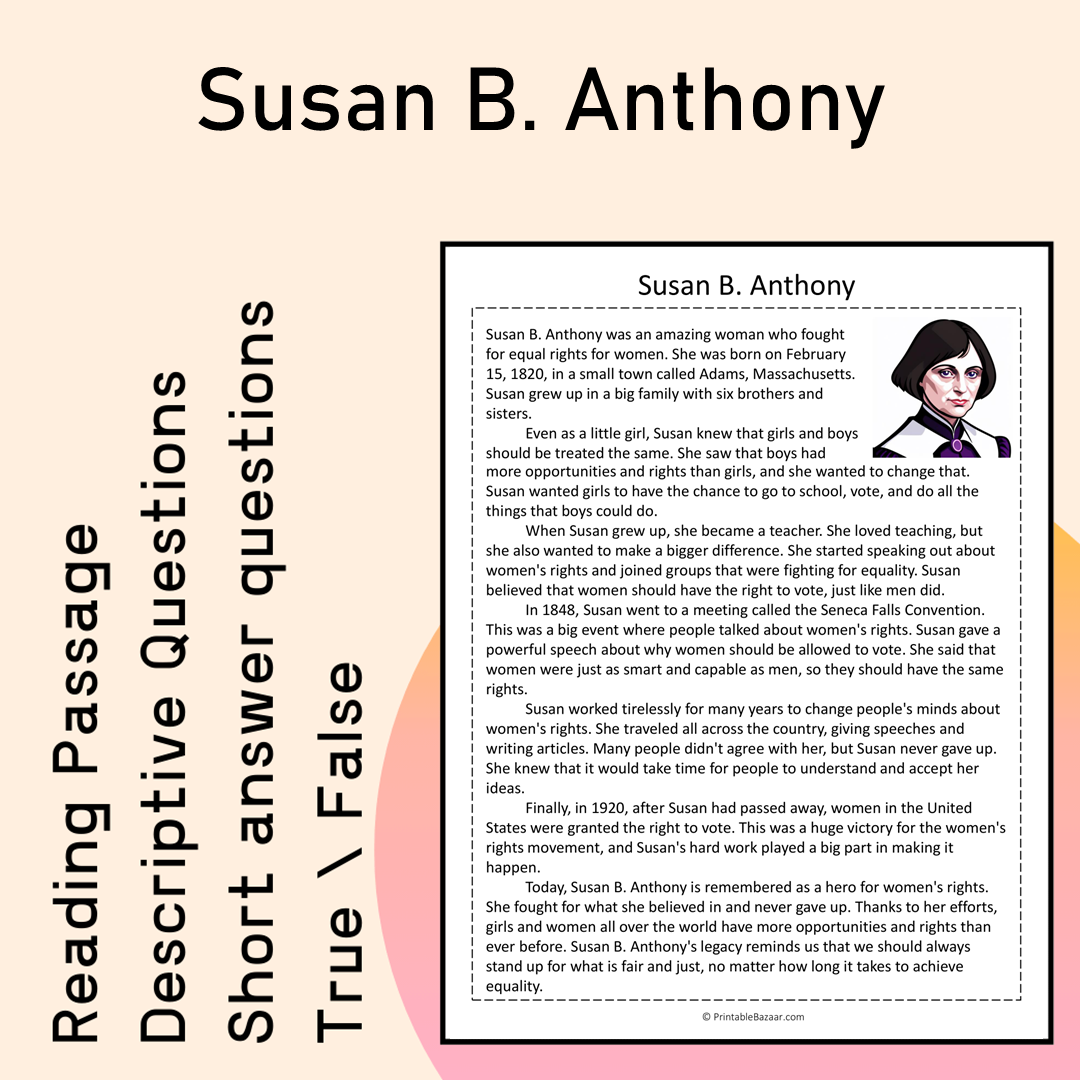 Susan B. Anthony | Reading Comprehension Passage Printable Activity