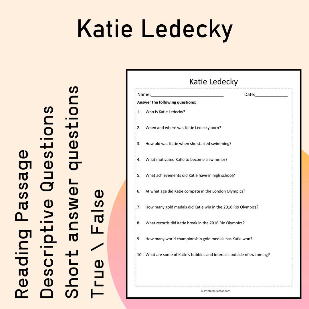 Katie Ledecky | Reading Comprehension Passage Printable Activity