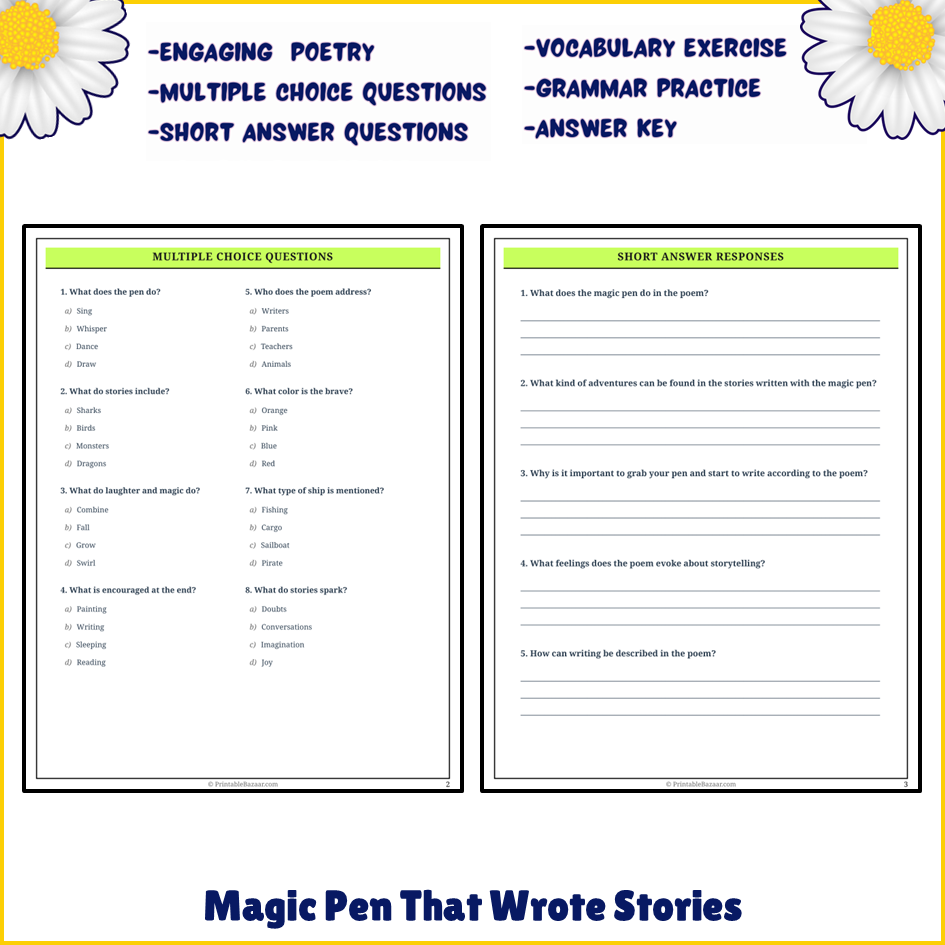 Magic Pen That Wrote Stories | Poem Grammar Worksheet Printable Activity
