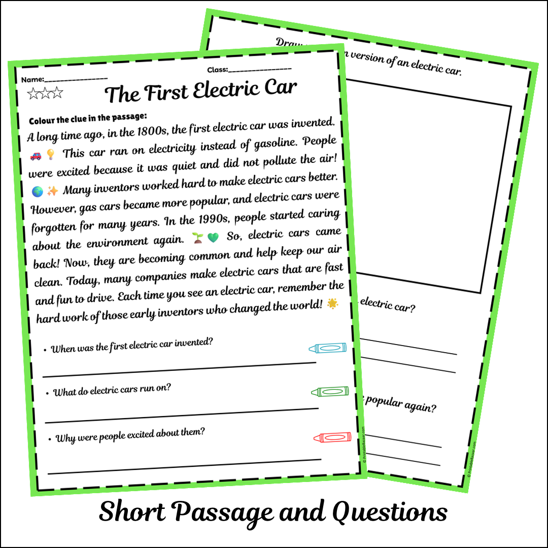 The First Electric Car | Short Reading Comprehension Creative Worksheet