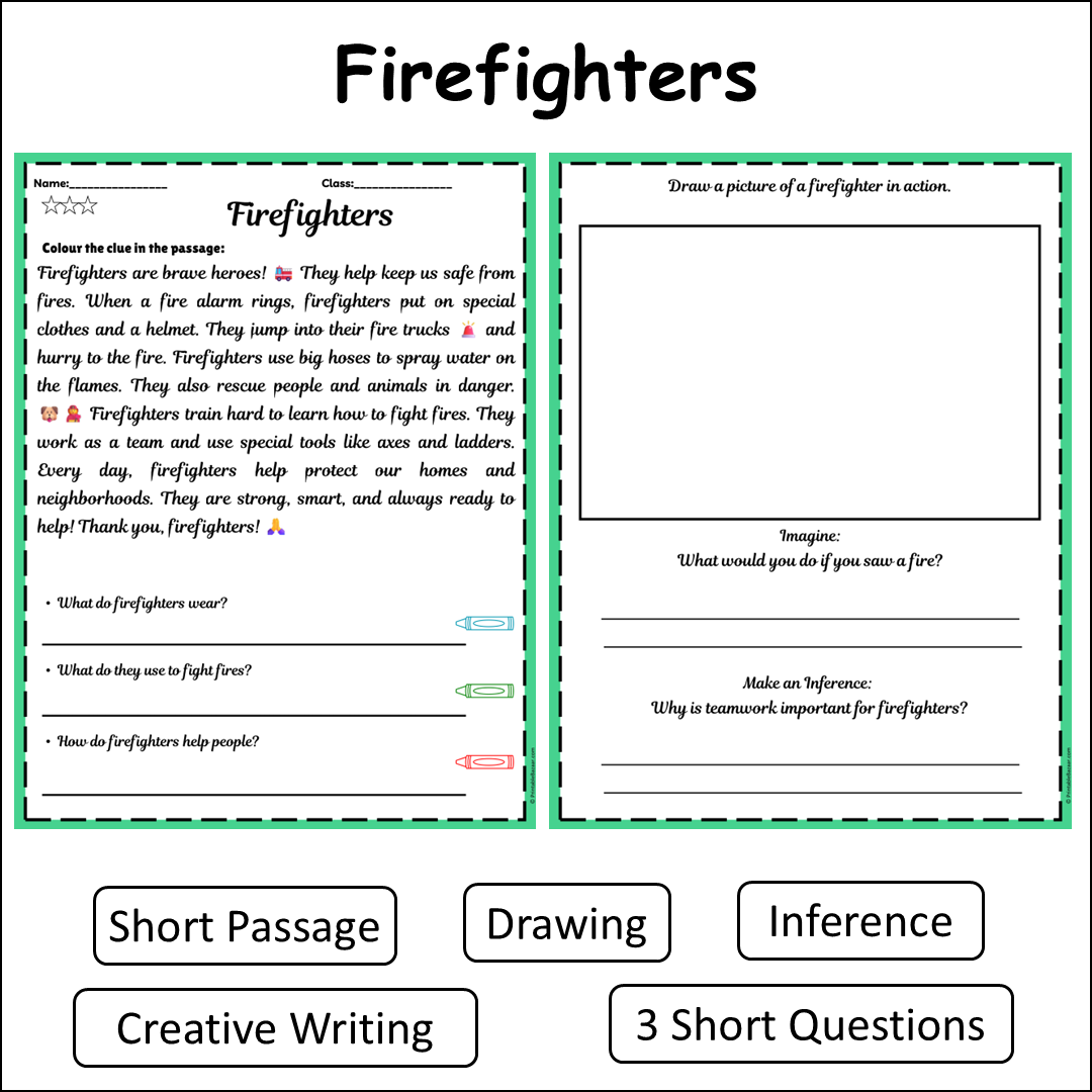 Firefighters | Short Reading Comprehension Creative Worksheet