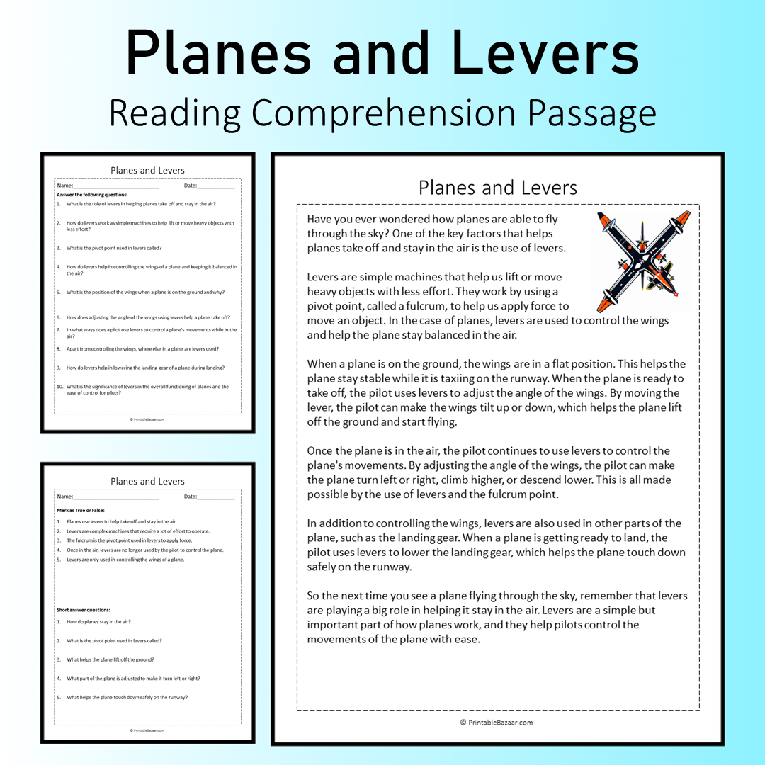 Planes and Levers | Reading Comprehension Passage Printable Worksheet