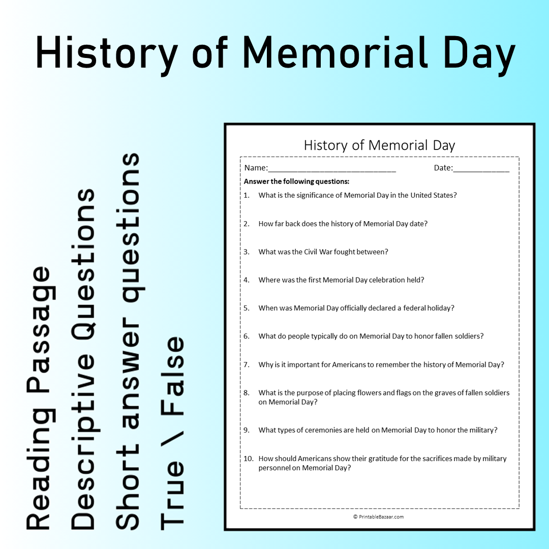 History of Memorial Day | Reading Comprehension Passage Printable Worksheet