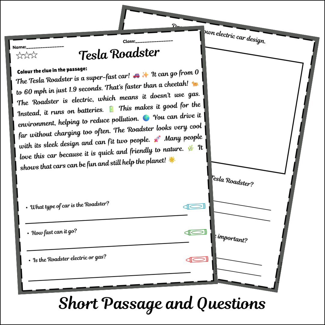 Tesla Roadster | Short Reading Comprehension Creative Worksheet