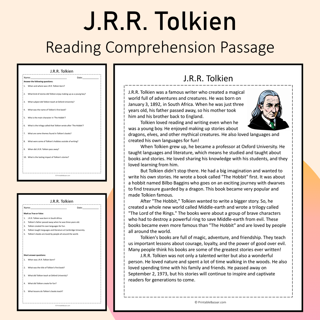 J.R.R. Tolkien | Reading Comprehension Passage Printable Activity