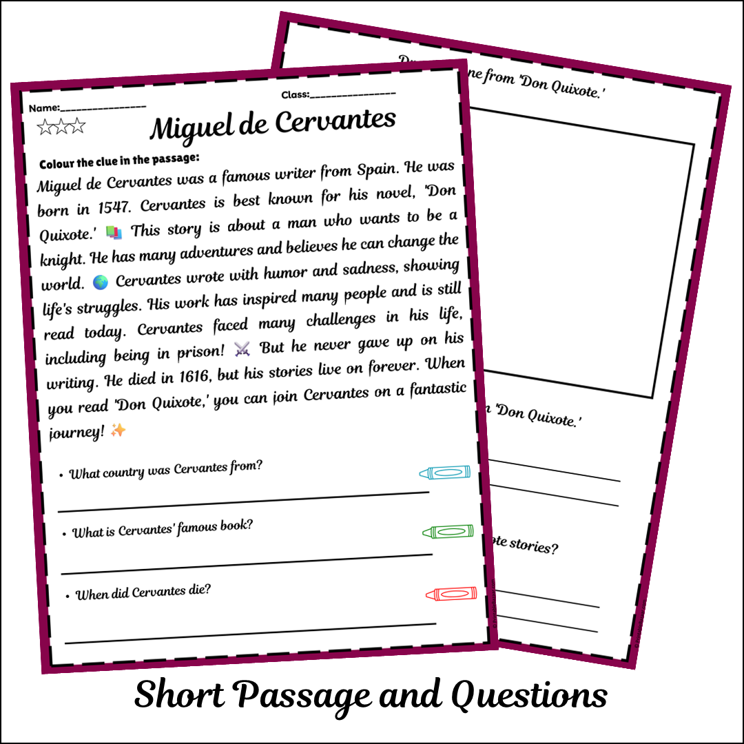 Miguel de Cervantes | Short Reading Comprehension Creative Worksheet