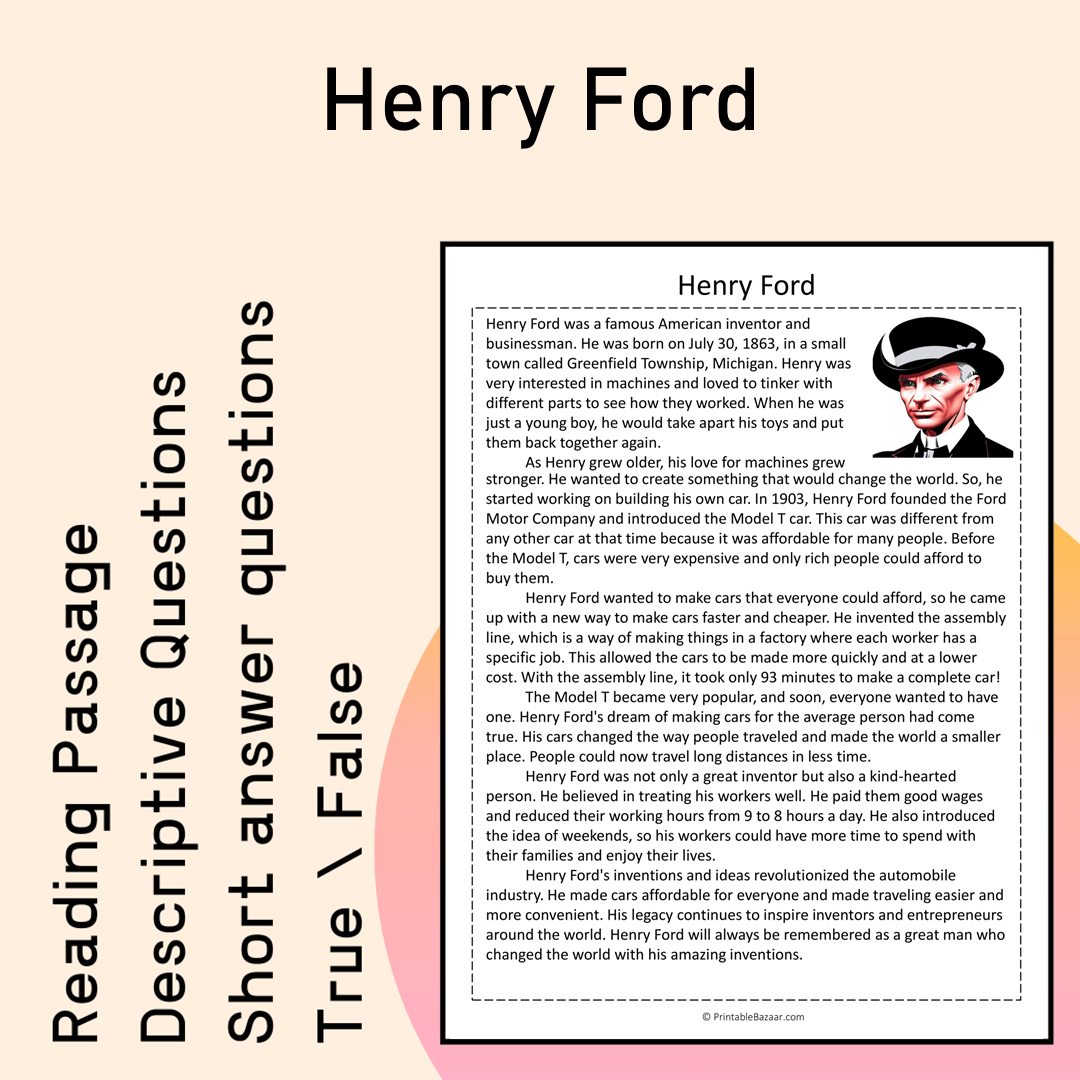 Henry Ford | Reading Comprehension Passage Printable Activity
