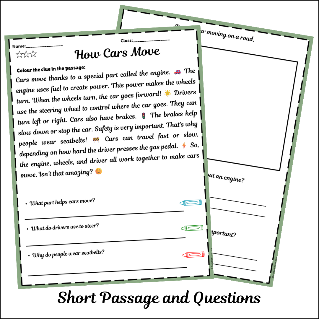 How Cars Move | Short Reading Comprehension Creative Worksheet