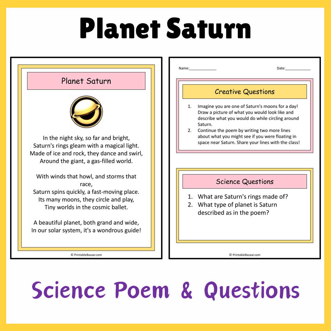 Planet Saturn | Science Poem Reading Comprehension Activity