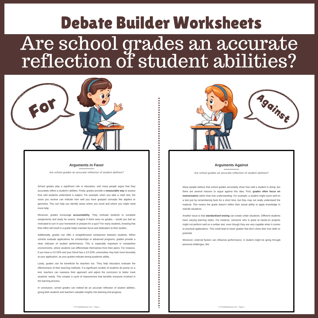 Are school grades an accurate reflection of student abilities? | Favour and Against Worksheet Printable Activity