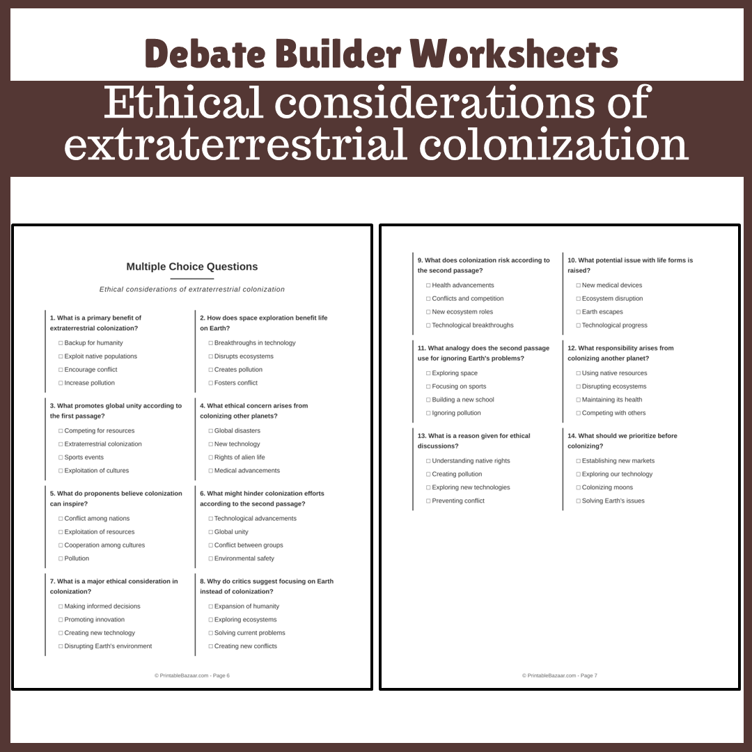 Ethical considerations of extraterrestrial colonization | Favour and Against Worksheet Printable Activity