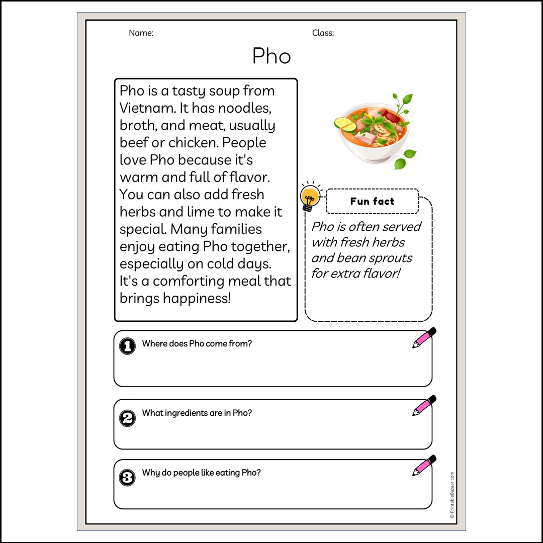 Pho | Reading Passage Comprehension Questions Writing Facts Worksheet